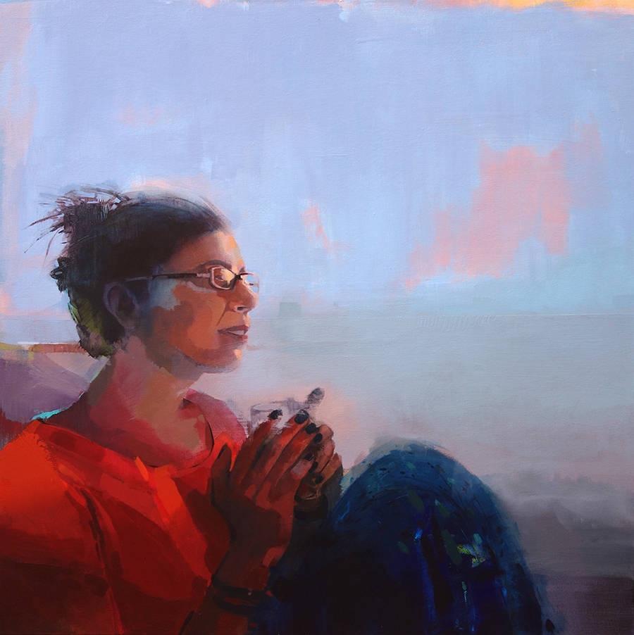 Peaceful moment of a woman with a gestural background