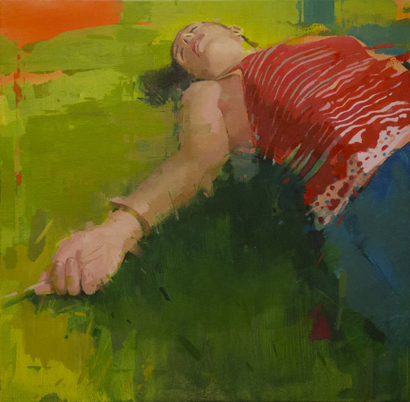 Modern figure artwork with green gestural brush stroke