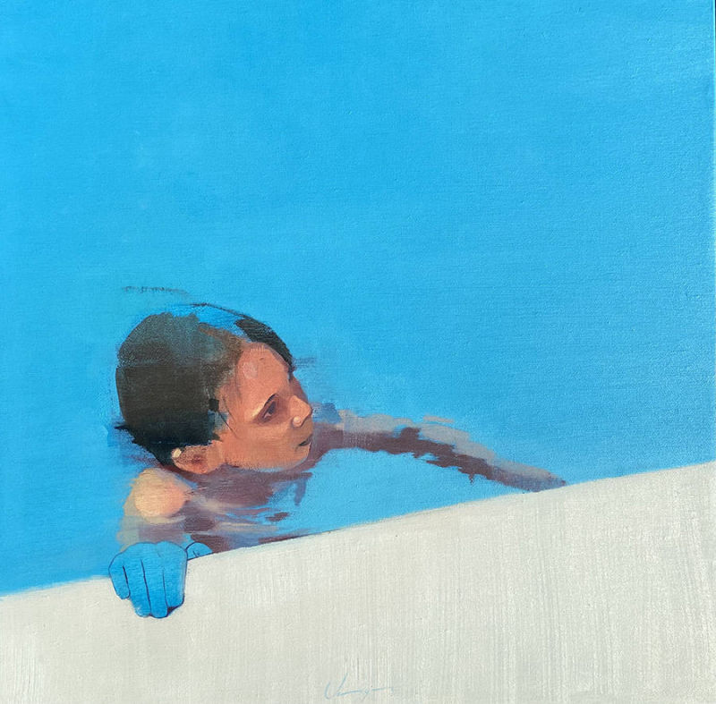 Modern figurative gestural oil painting, blue colour