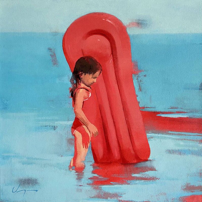 Modern oil gestural painting, with dominant blue and red colour