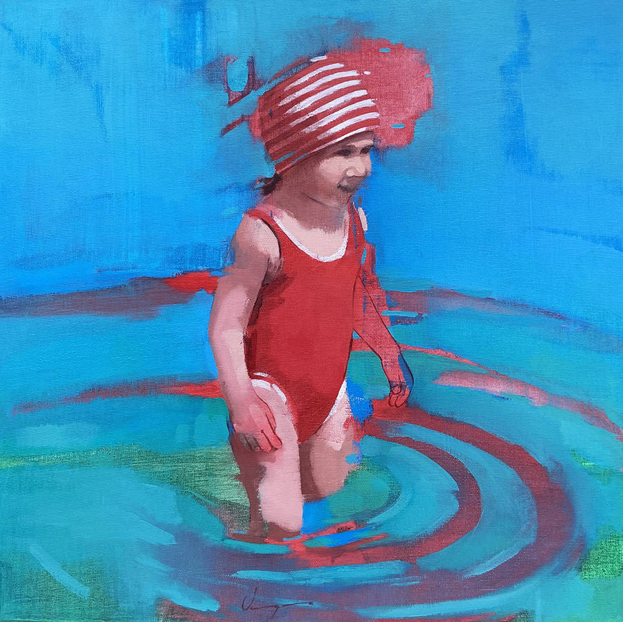 Gestural oil painting on canvas. Figure into the blue water