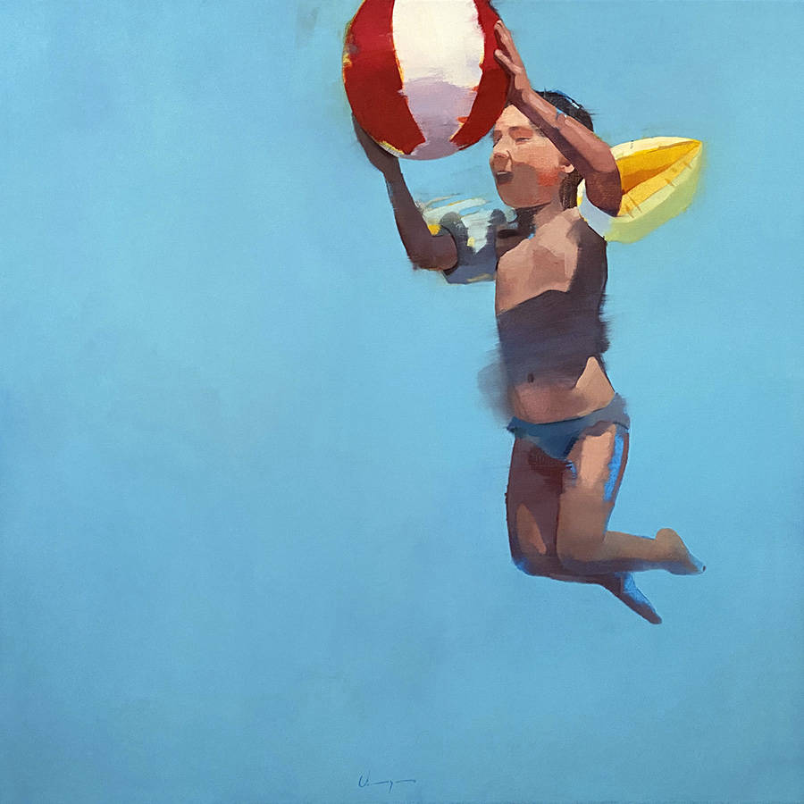 Modern oil painting capturing a scene from childhood, with dominant blue colour